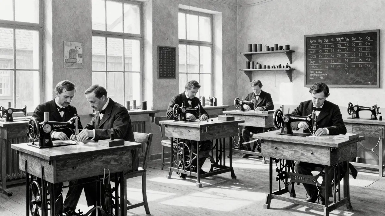 19th-century sewing machine workshop in Rüsselsheim with craftsmen at work.