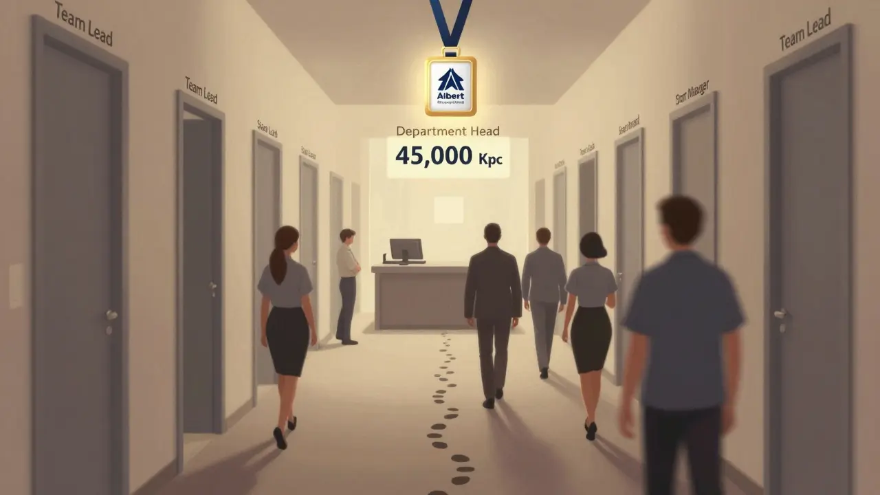 Cesta od pokladny ke řediteli obchodu v Albertu symbolizovaná schody a odměnami.