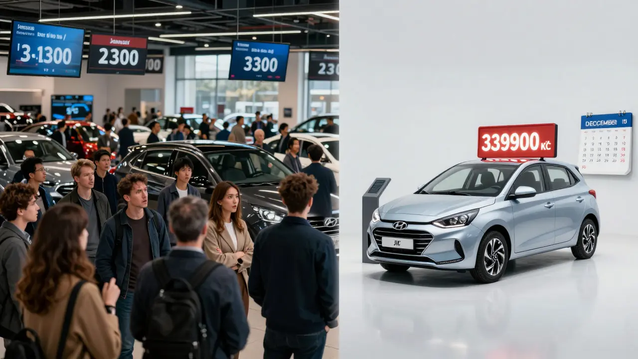 Dvě části scény: zaplněný prodejna v lednu a prázdná v červenci s levnějším autem.