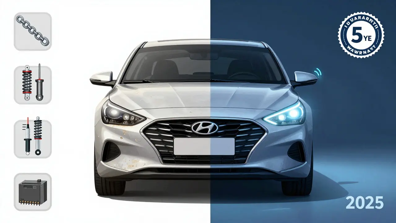 Dvě verze Hyundai: staré auto s opravami vs. nové s bezpečnostními technologiemi.