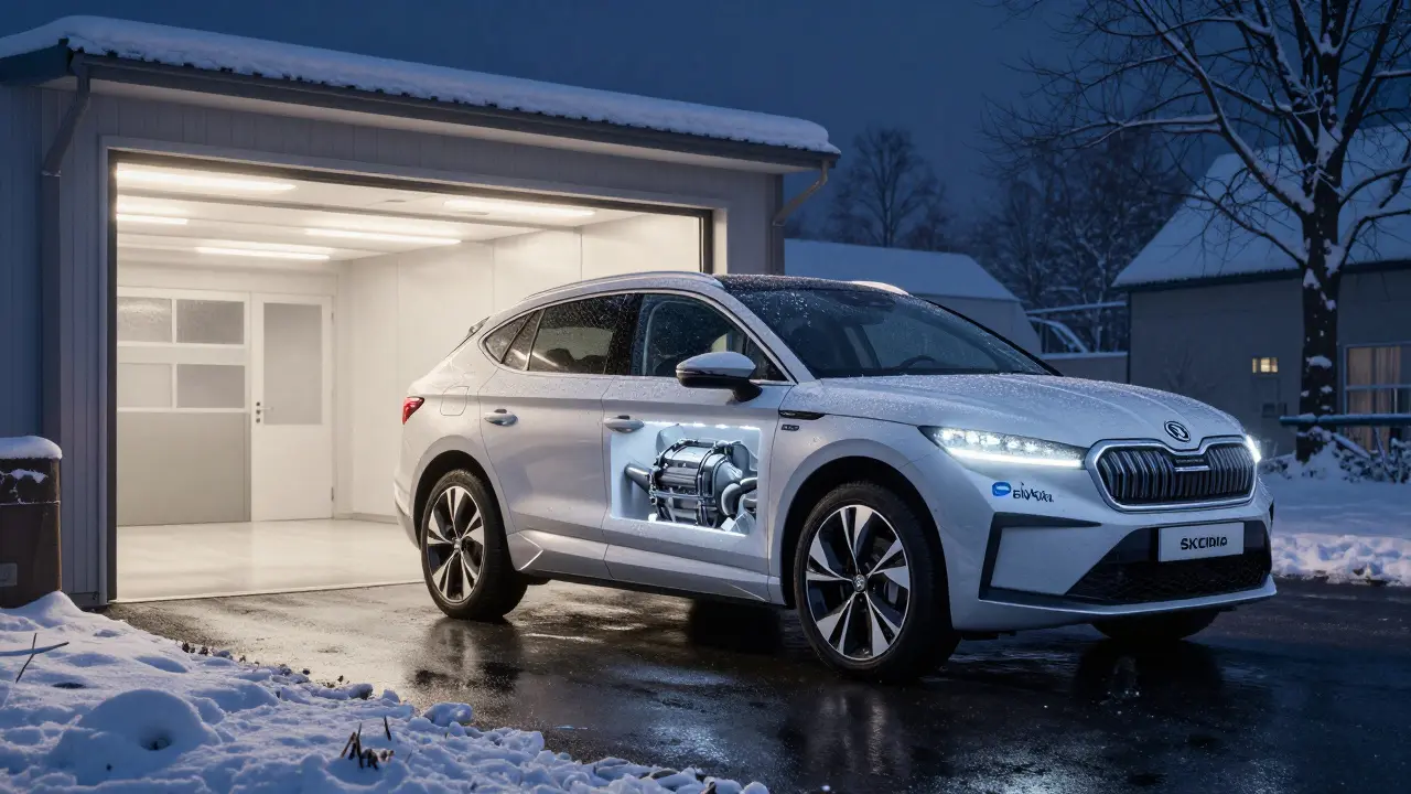 Elektrické auto Škoda Enyaq iV v zimním prostředí s viditelnou převodovkou.