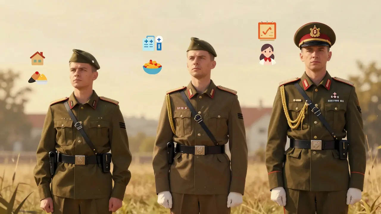 Grafické znázornění růstu platu vojáka od rekruta po kapitána s příplatky za bydlení, stravu a vzdělávání.