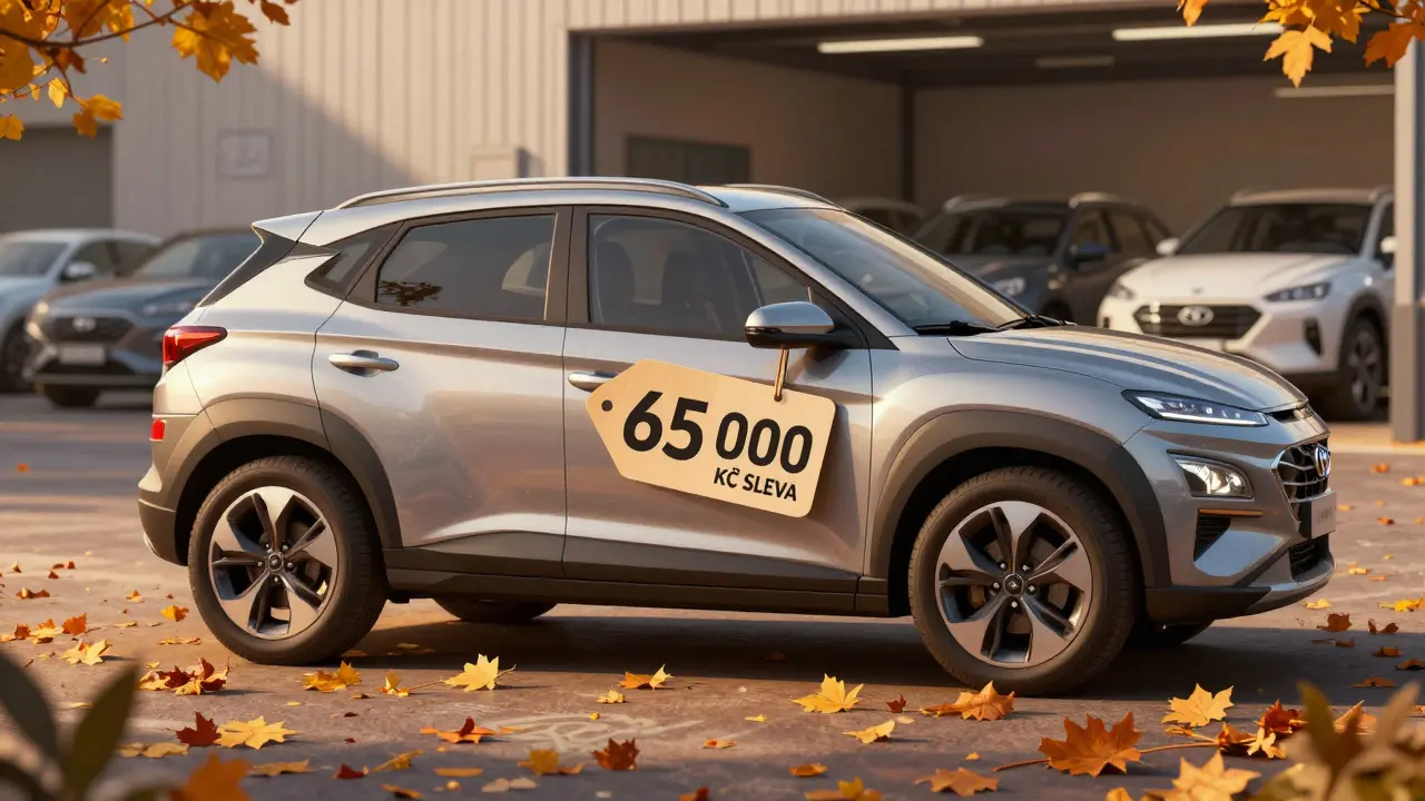 Hyundai Kona Electric v listopadu s velkou slevou a listím pod kolem.