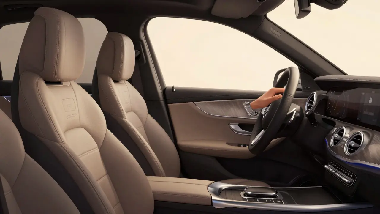 Interiér Mercedesu s ručně šitými koženými sedačkami a jemným světlem.