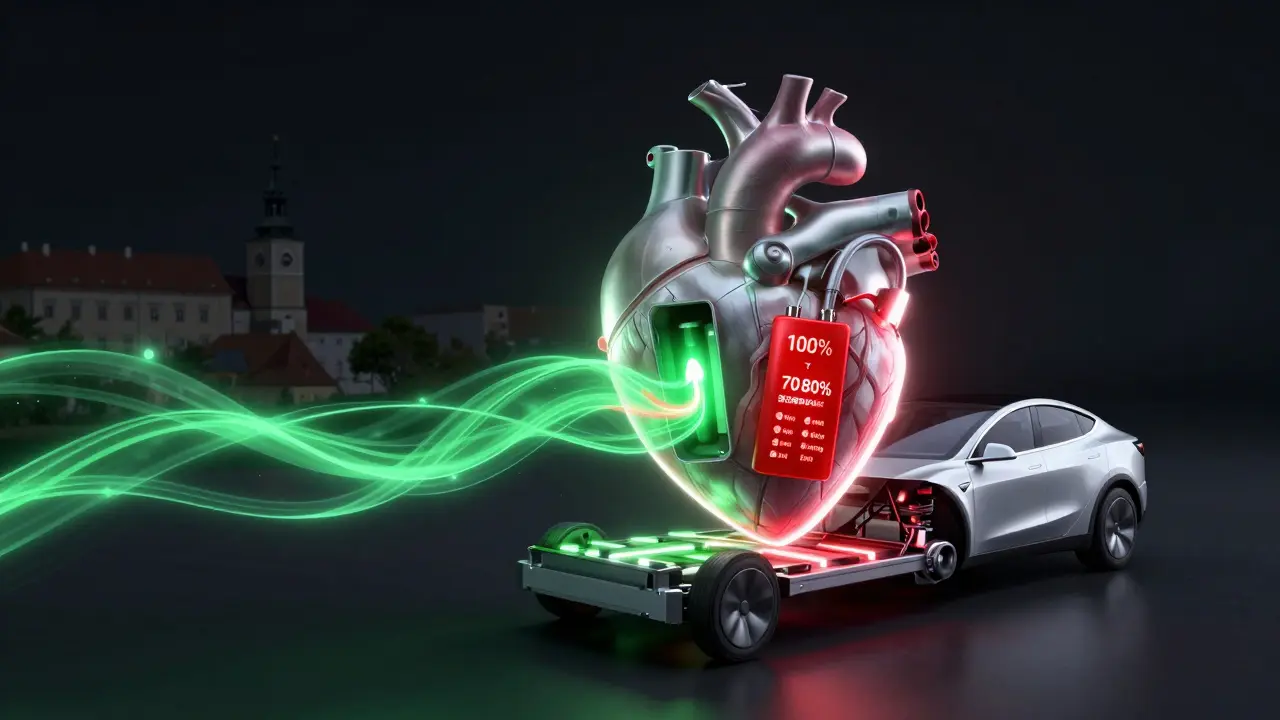 Koncepční obrázek baterie jako srdce auta s průtoky energie – zelené pro optimální nabíjení, červené pro škodlivé režimy.