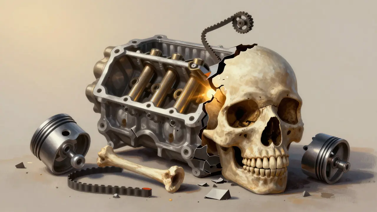 Konceptuální obrázek poškozené hlavy válce s ohnutými ventily a novým řemenem nahoře.