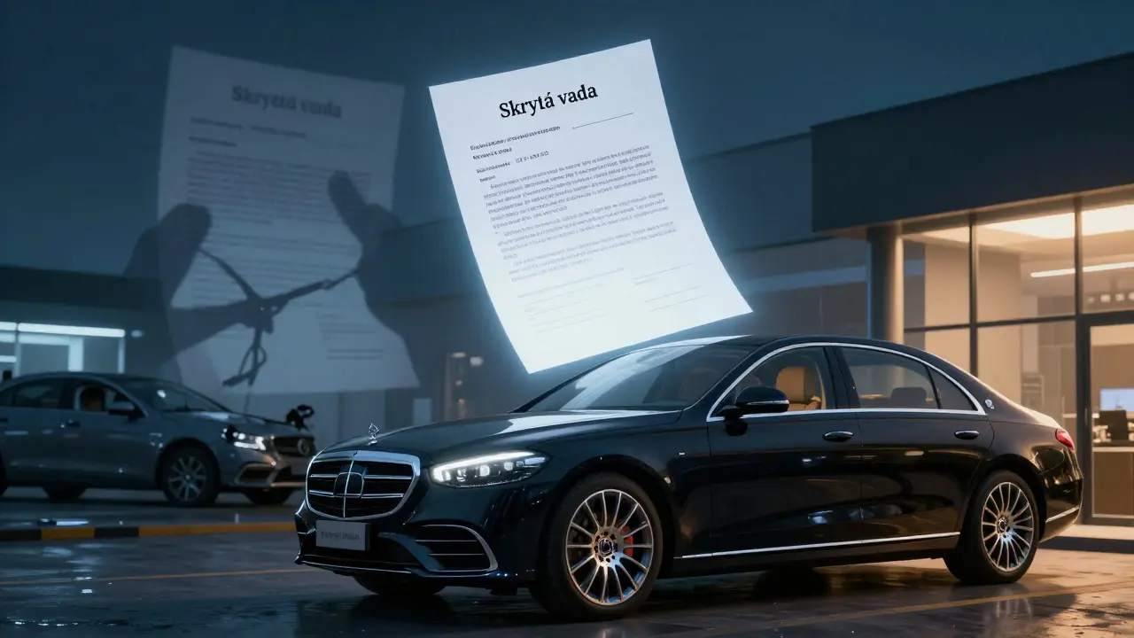 Mercedes-Benz vracený do prodejny, nad ním plave právní dokument označující skrytou vadu z předchozí havárie.