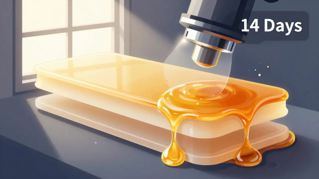 Mikroskopický pohled na vrstvy laku na autě Tesla během tvrdnutí.