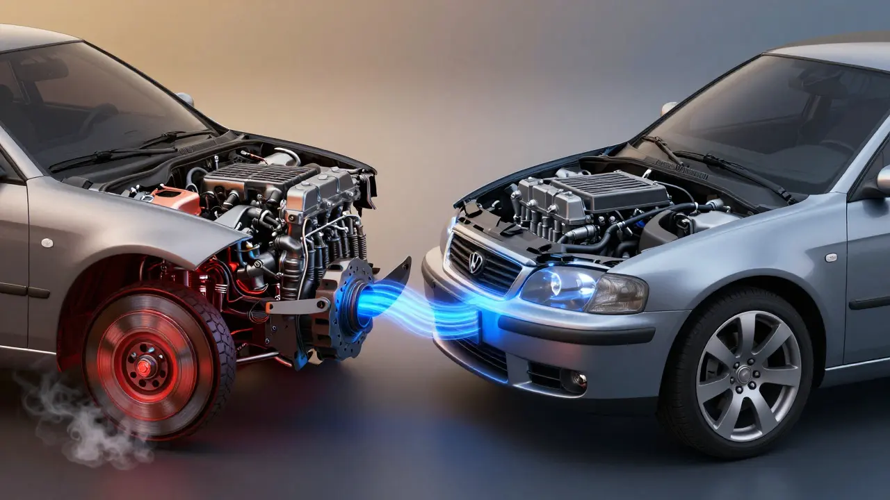 Porovnání brzdění s a bez spojky: po levé straně opotřebovaná spojka, po pravé motorové brzdění.