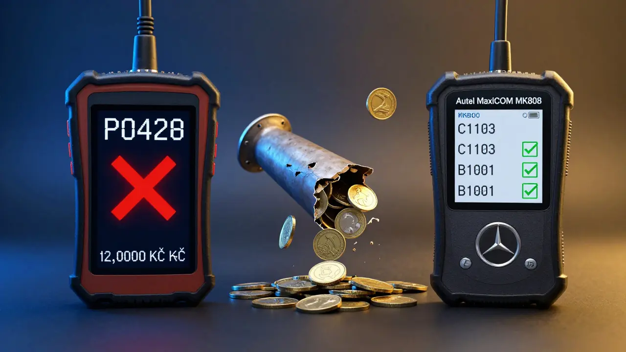 Porovnání levné a profesionální diagnostiky: špatný kód vs přesná chyba Mercedesu.