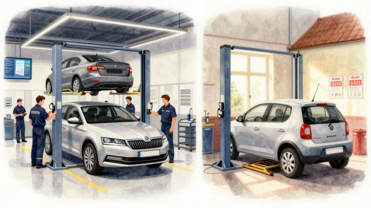 Porovnání moderní dílny v Praze a menšího servisu v malém městě s různými typy aut.