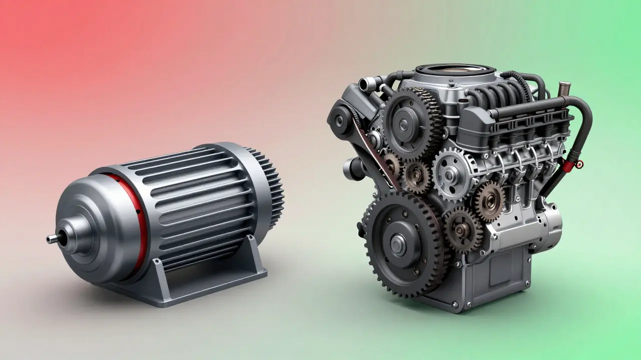 Porovnání vnitřních částí elektromotoru a spalovacího motoru, symbolizující jednoduchost elektromobilu.