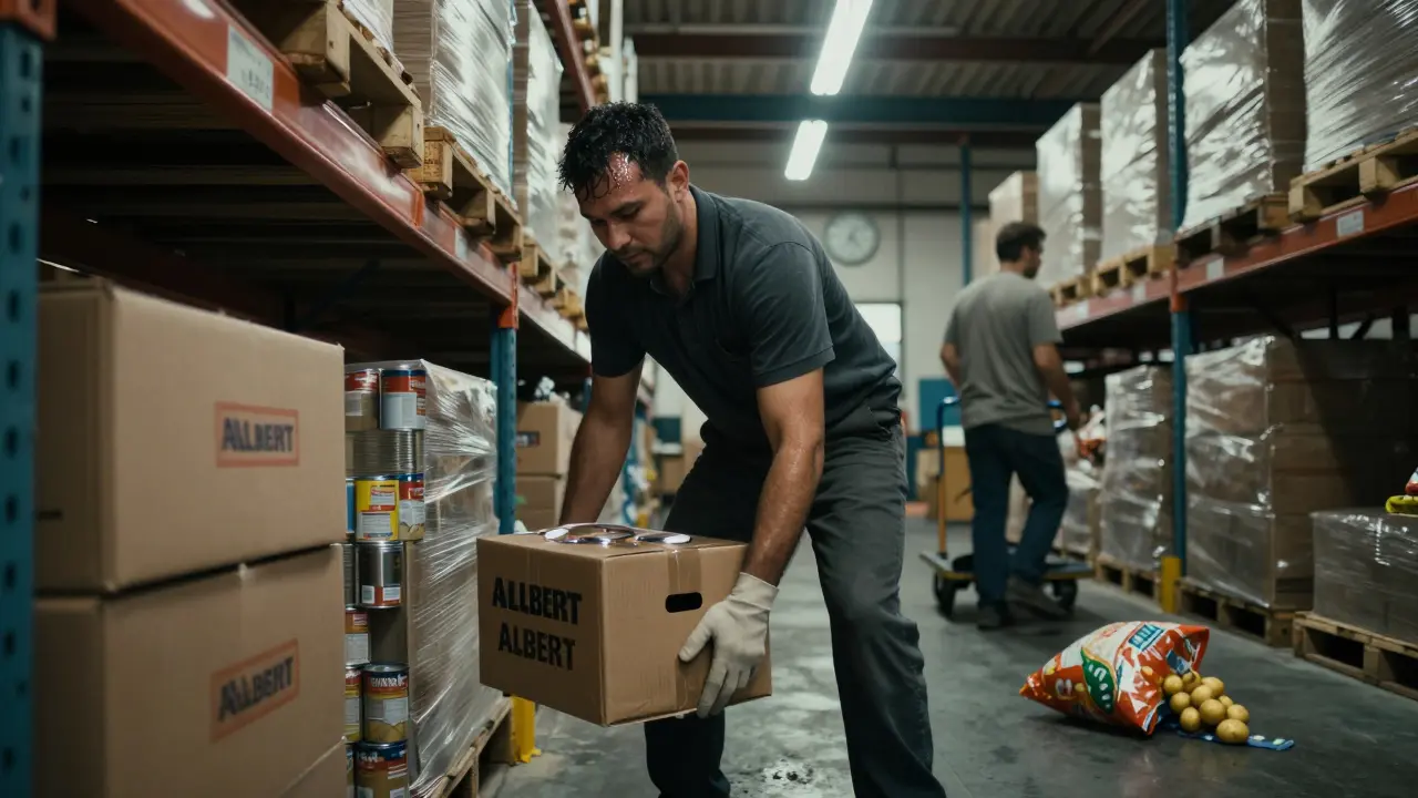Pracovník zvedá těžkou bednu v skladu Albertu v 7 ráno.