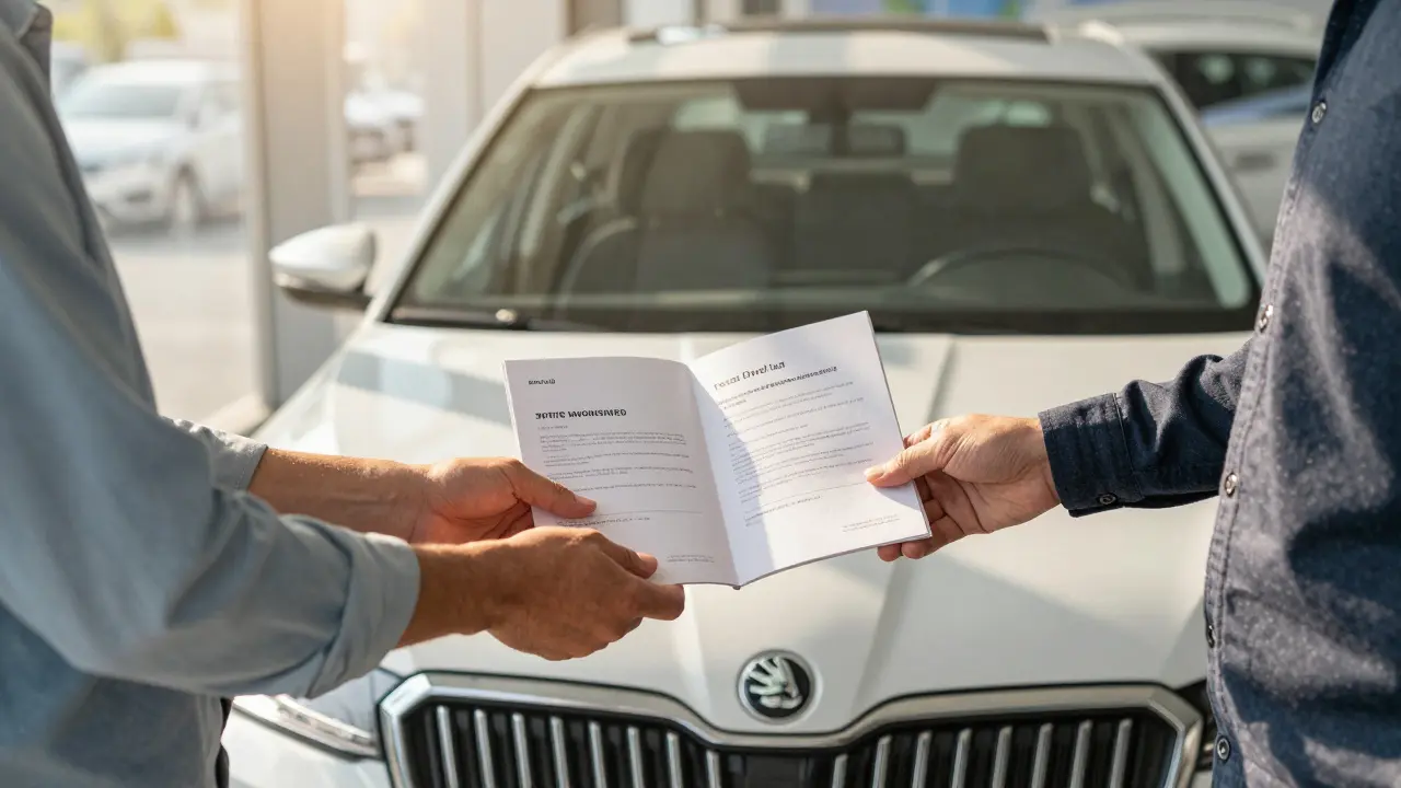 Předání auta Škoda mezi dvěma vlastníky s servisní knížkou a viditelnou záruční štítkem.