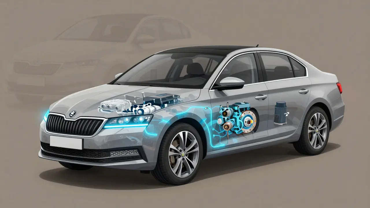 Průhledná ilustrace auta Škoda s označenými součástmi pokrytými zárukou a opotřebovanými díly.
