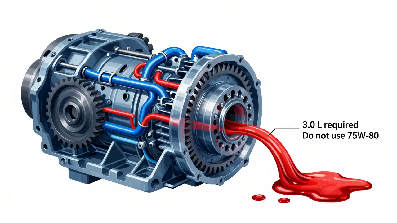 Průhledný nákres EDC převodovky s chybně použitým olejem a správným ATF.