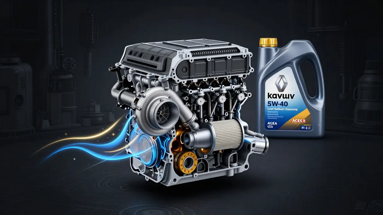 Průřez dieselového motoru Renault Kadjar s prouděním oleje skrz turbínu a filtr částic.