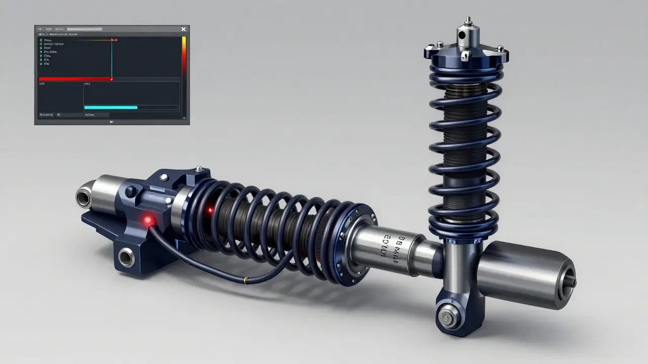 Průřez pneumatickou nápravou AIRmatic s viditelnými chybami senzoru tlaku vzduchu.