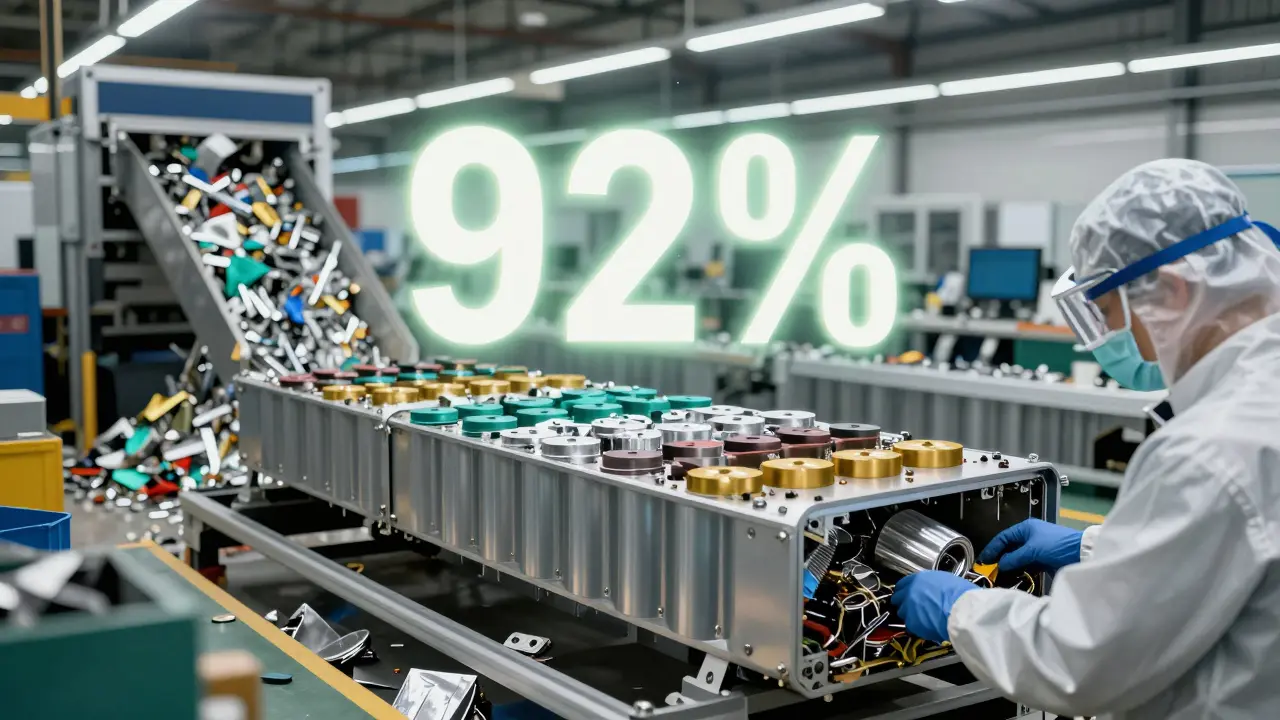 Recyklace baterie Tesla v zařízení, kde se oddělují materiály jako lithi a kobalt.