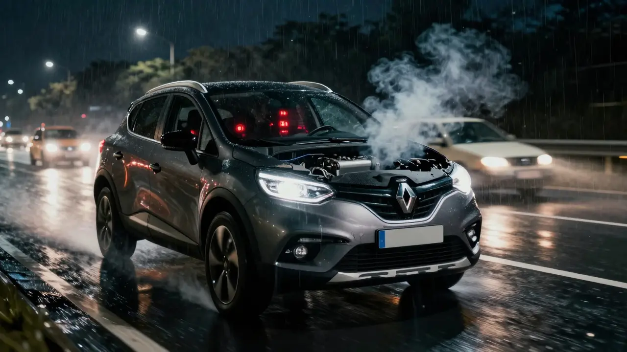 Renault na dálnici při náhlé poruše motoru, světla blikají a kouří z kapoty.