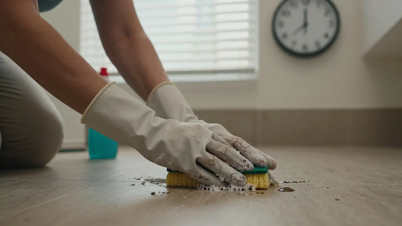 Ruce ženy čistící koupelnu v hotelu, viditelné únava a opotřebované rukavice.