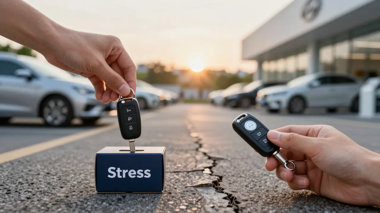 Ruka klade starý klíč do krabice 'Stres' a bere nový klíč s zárukou.