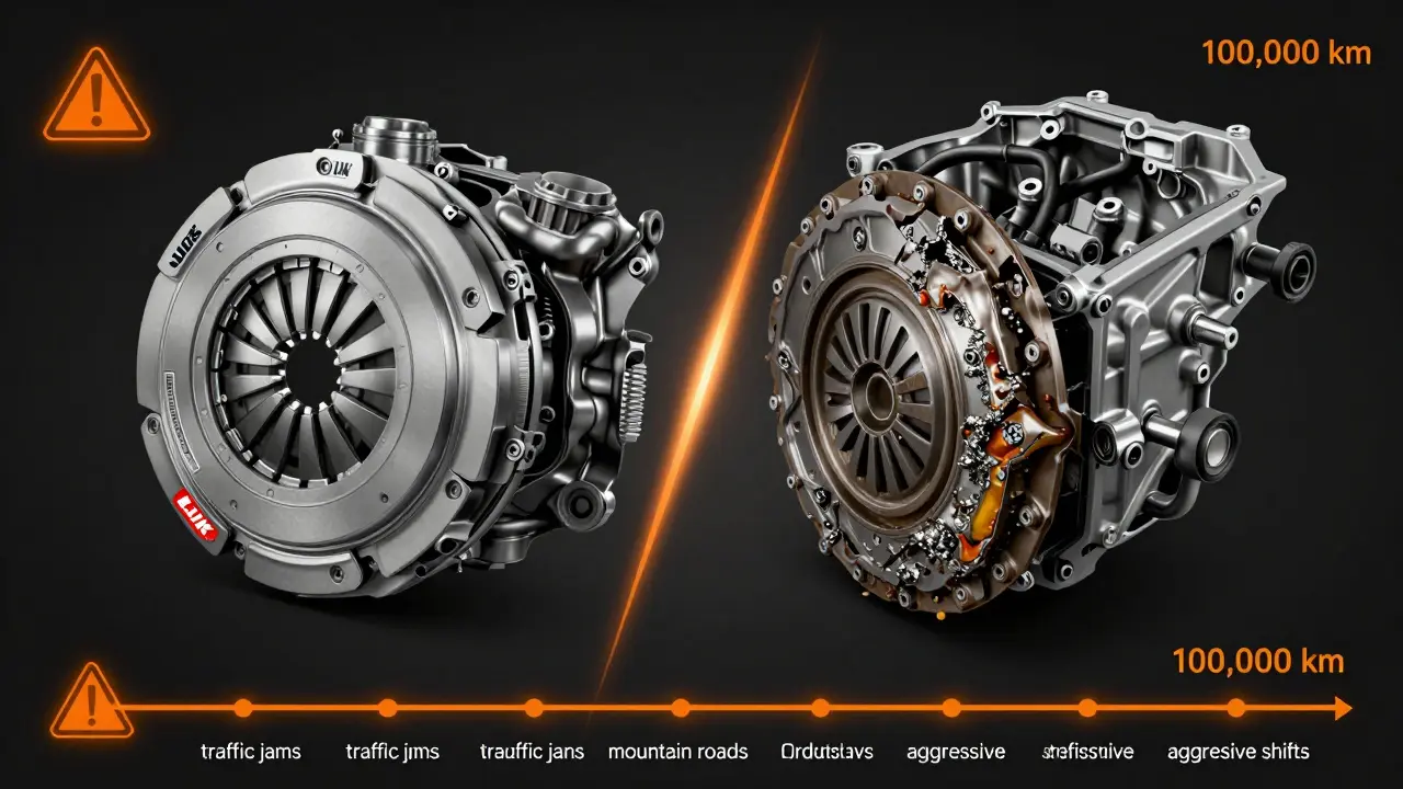 Srovnání nové a opotřebované spojky v Mazda CX-5 s důrazem na poškození.