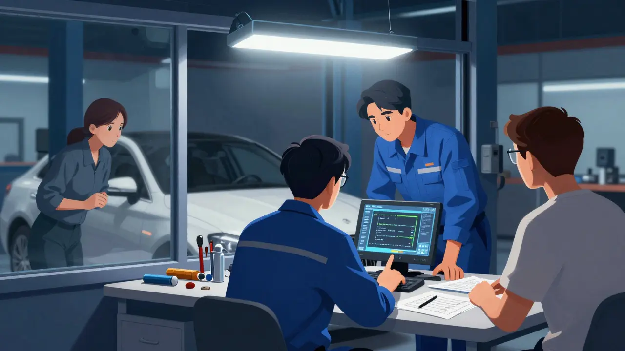 Technici v servisu Mercedesu analyzují chybu v infotainment systému, zákazník pozoruje z dálky.