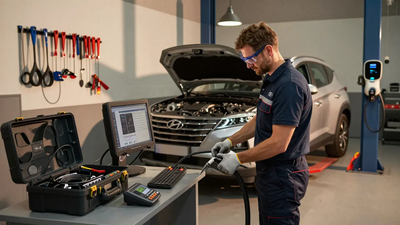 Technik instaluje vysokonapěťový kabel na hybridní vozidlo Hyundai Tucson.