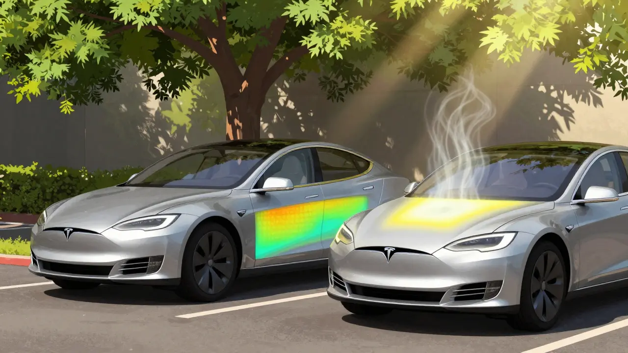 Tesla ve stínu stromu v létě, tepelná mapa ukazuje chladnou baterii, zatímco jiné auto na slunci přehřívá.
