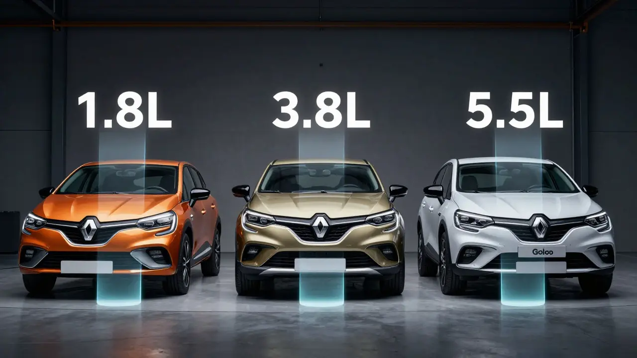 Tři Renaulty s viditelnými objemy oleje v převodovkách: 1,8 L, 3,8 L a 5,5 L.
