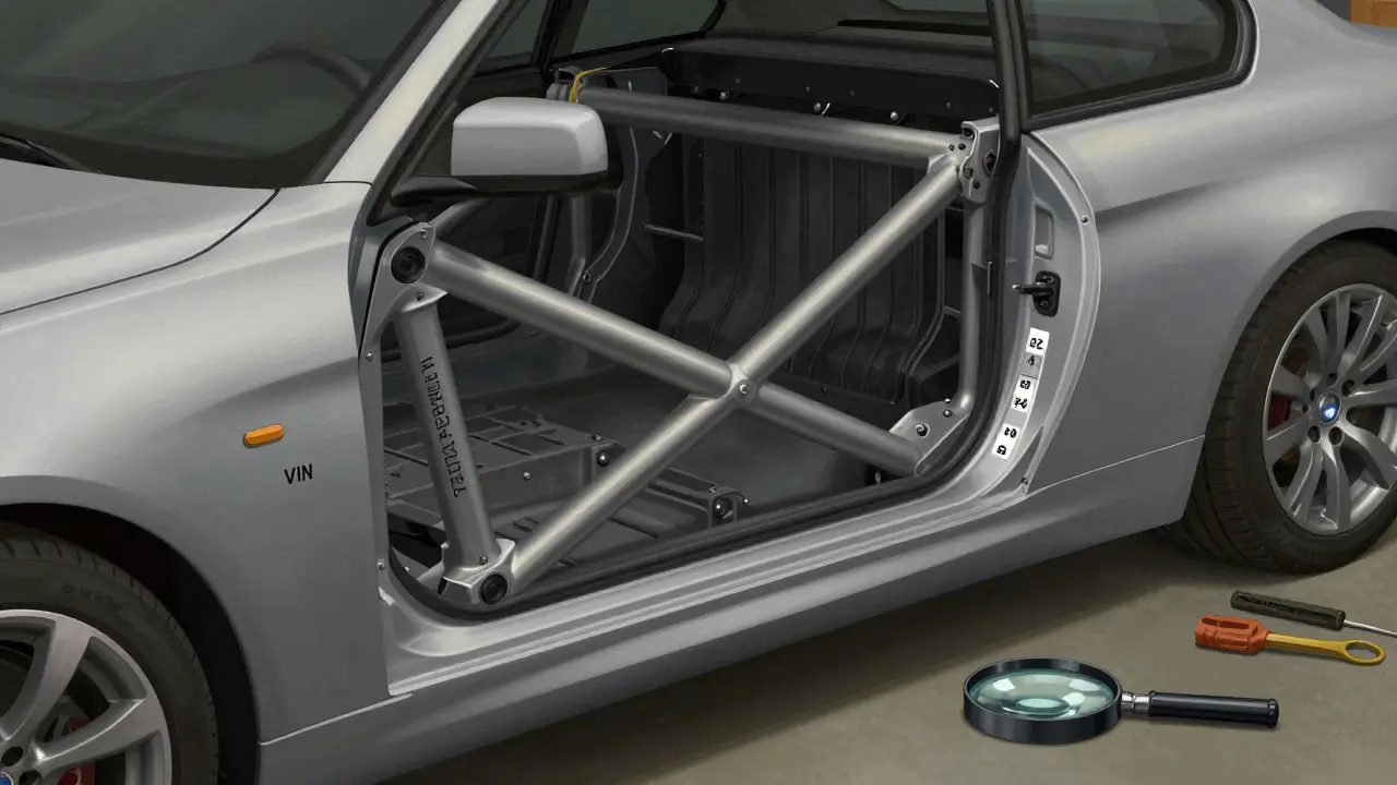 VIN stamp on BMW driver's door jamb with magnifying glass nearby.