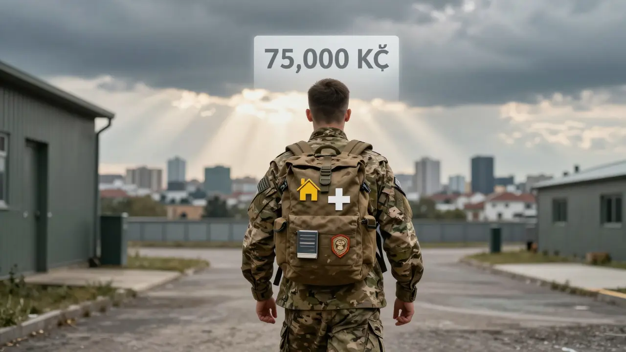 Voják odchází z kaserny směrem k městu, přinášeje s sebou symboly bezplatných výhod jako byt, léčení a penze.