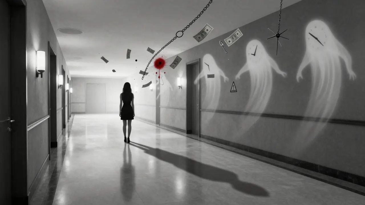 Žena v prázdném chodbě s dlouhým stínem, kolem ní plavou symboly práce a nákladů.