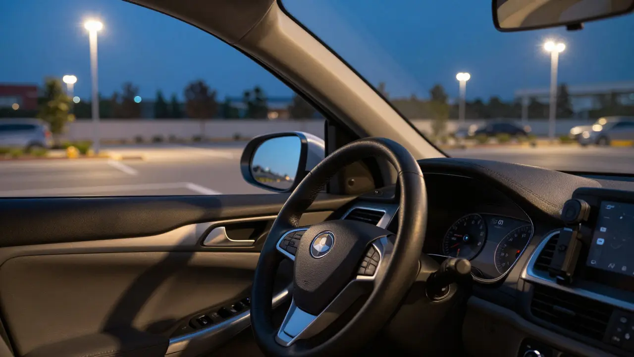 Auto s volantovou zámkou a GPS v osvětleném parkovišti.