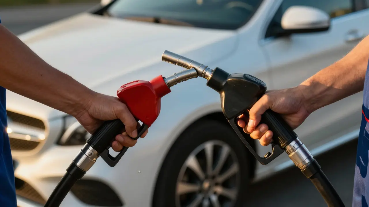 Benzínová a naftová hadice u Mercedesu na čerpací stanici