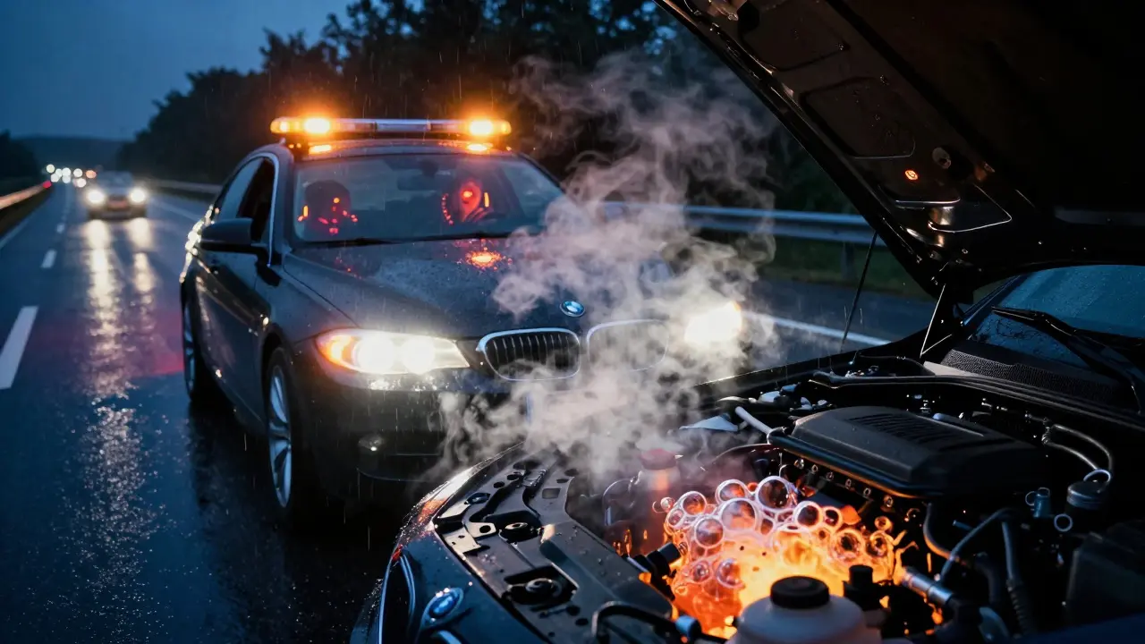 BMW na temné dálnici s parou vyčnívající z kapoty, řidič v panice, varovné světlo na přístrojové desce, noční atmosféra.