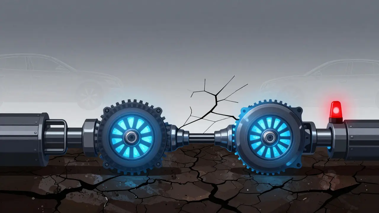 Cross-section of DSG transmission with glowing fluid versus cracked dried oil, symbolic warning light.