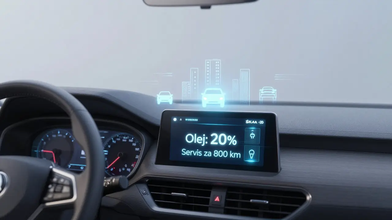 Digitální displej automobilu Škoda zobrazuje upozornění na výměnu oleje s indikátorem 20% životnosti.