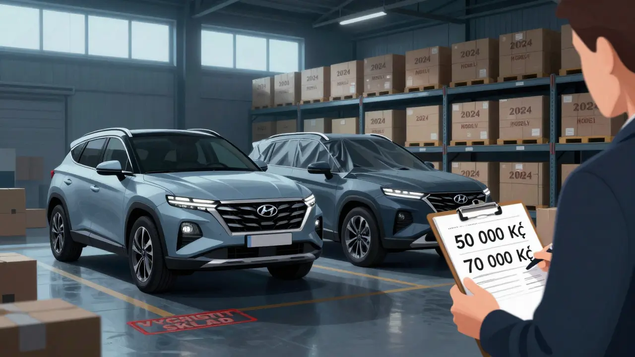 Dva modely Hyundai na skladě s nálepky 'vyčistit sklad' a slevami 50 000 a 70 000 Kč.