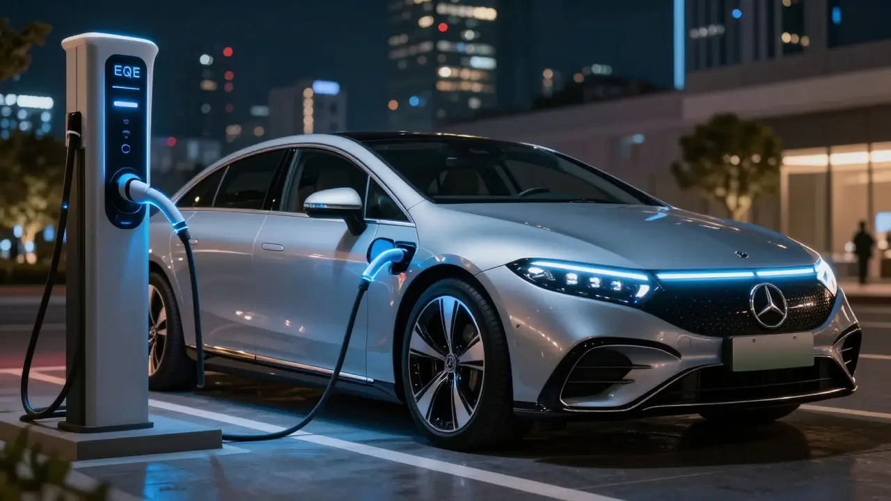 Elektrický Mercedes EQS připojený k nabíječce v noci