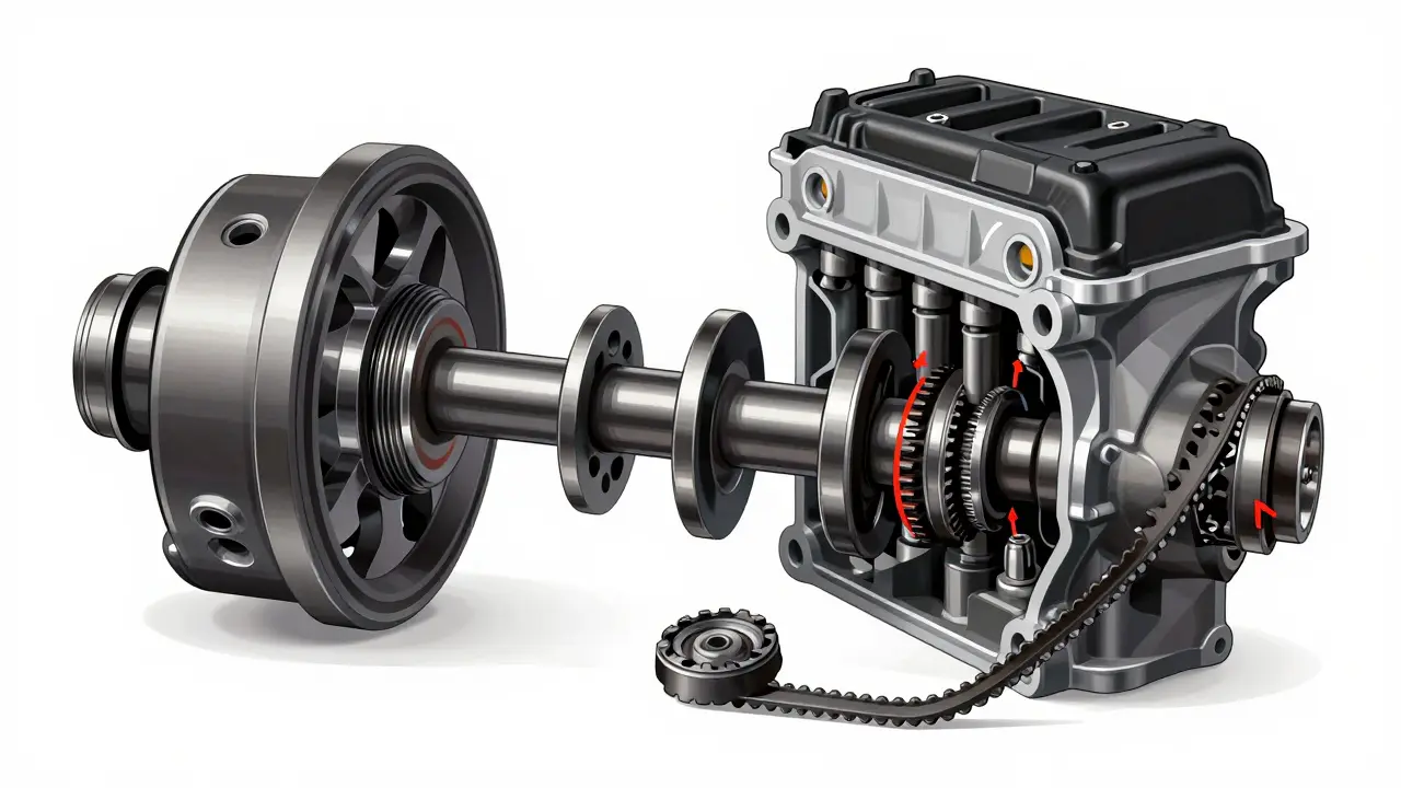 Internal engine view showing misaligned camshaft and pistons colliding due to timing failure.