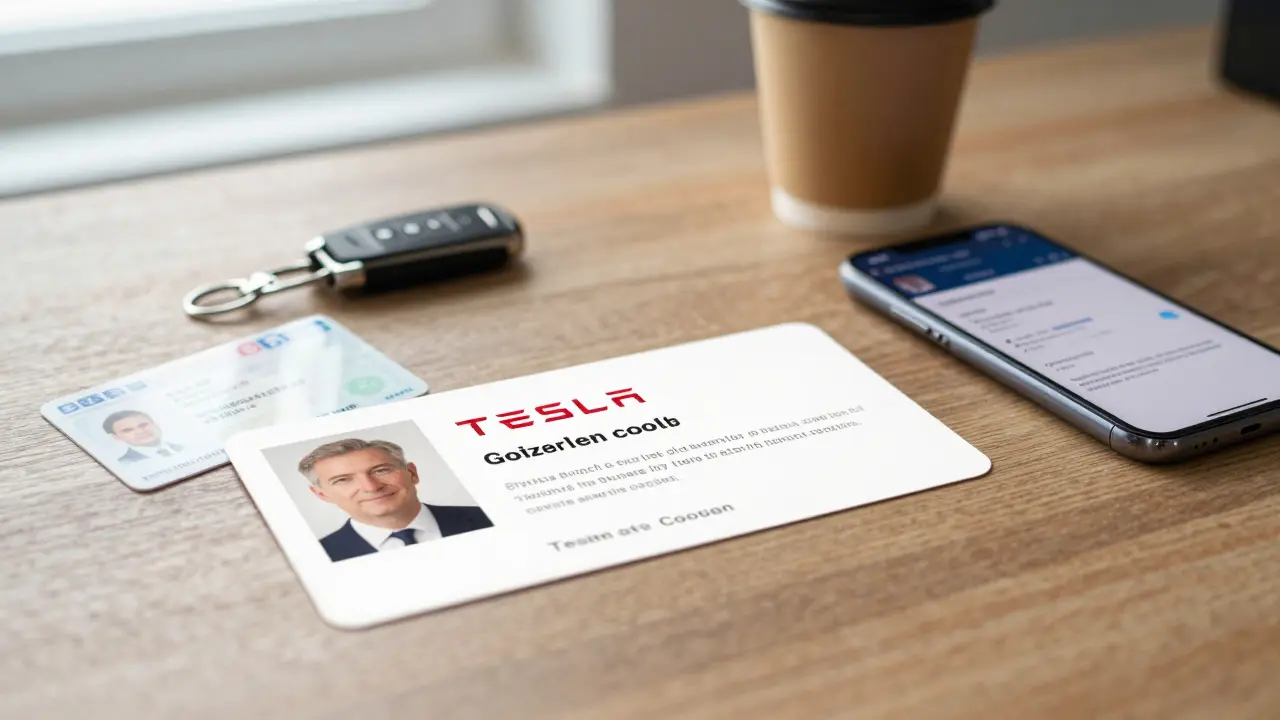 Kupón na lítačku Tesla spolu s řidičským průkazem, občanským průkazem a chytrým telefonem na stole.