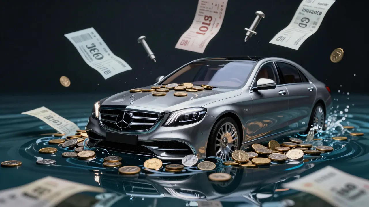 Luxusní Mercedes S-Class klesající do jezera z bankovek a účtenek z údržby.