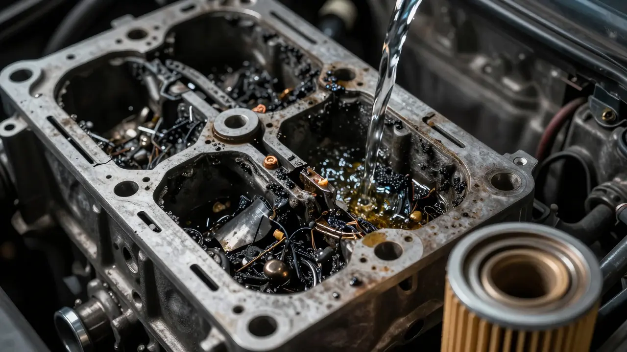 Poškozený motorový blok s černými nečistotami a průtok čerstvého oleje, symbolizující následky zanedbání údržby.