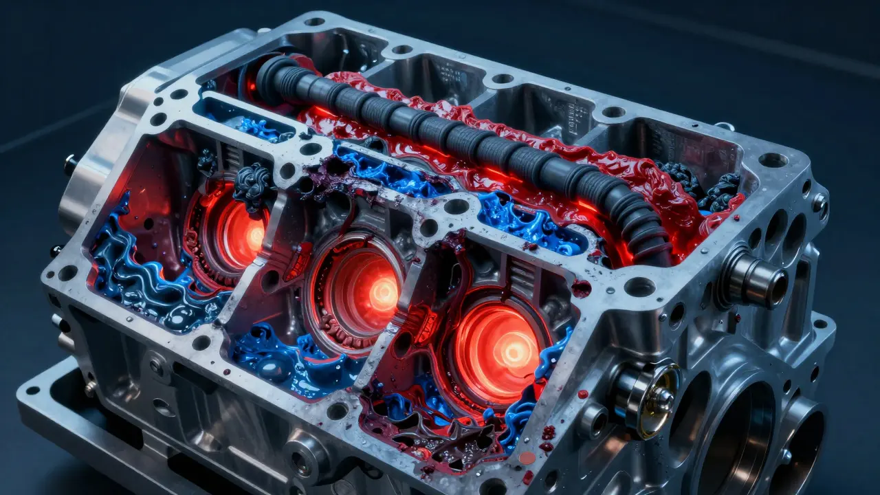 Přehledový pohled do motoru BMW, kde směs chladicích kapalin způsobila usazeniny a korozi na hliníkových částech a těsněních.