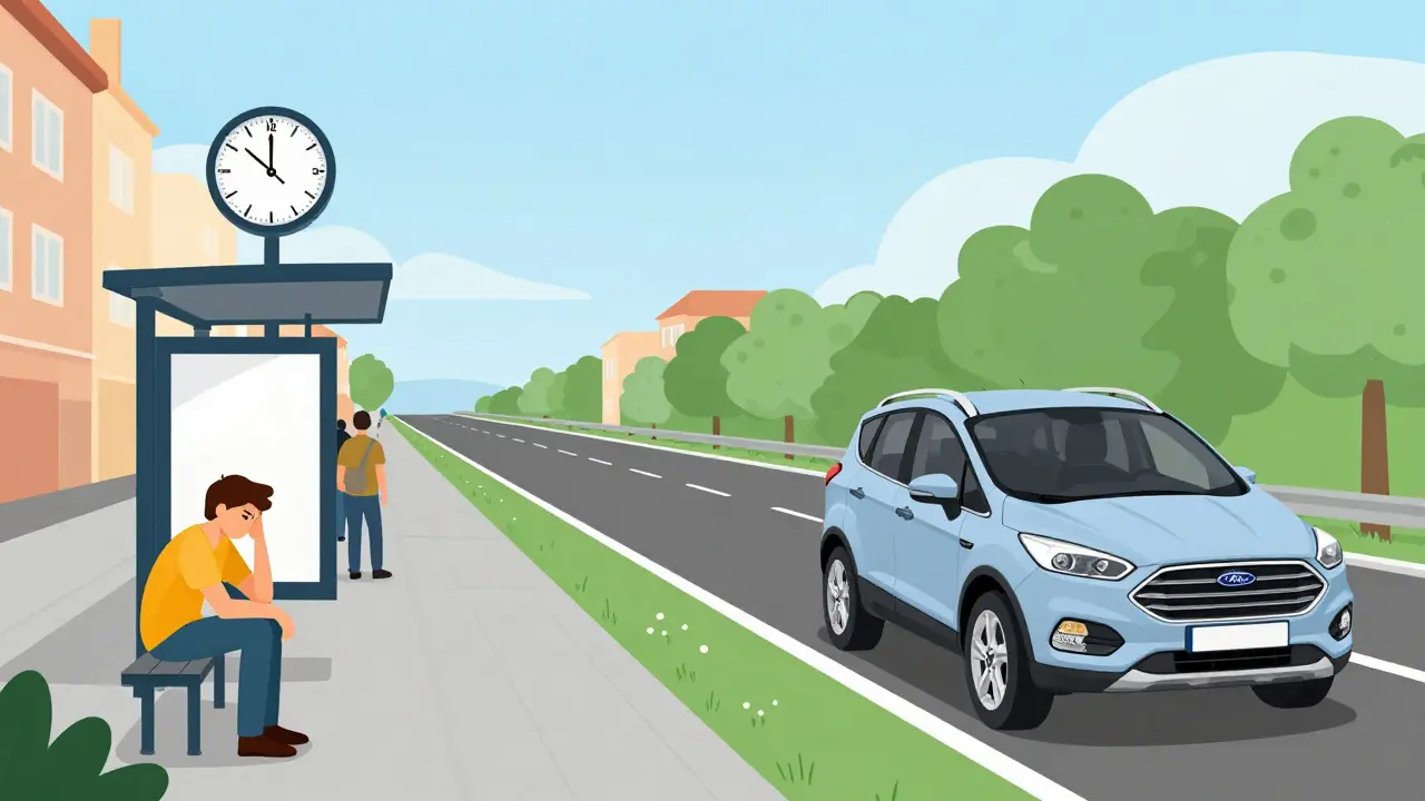 Přestup na autobuse proti pohodlné jízdě autem v hybridním voze Ford Kuga.