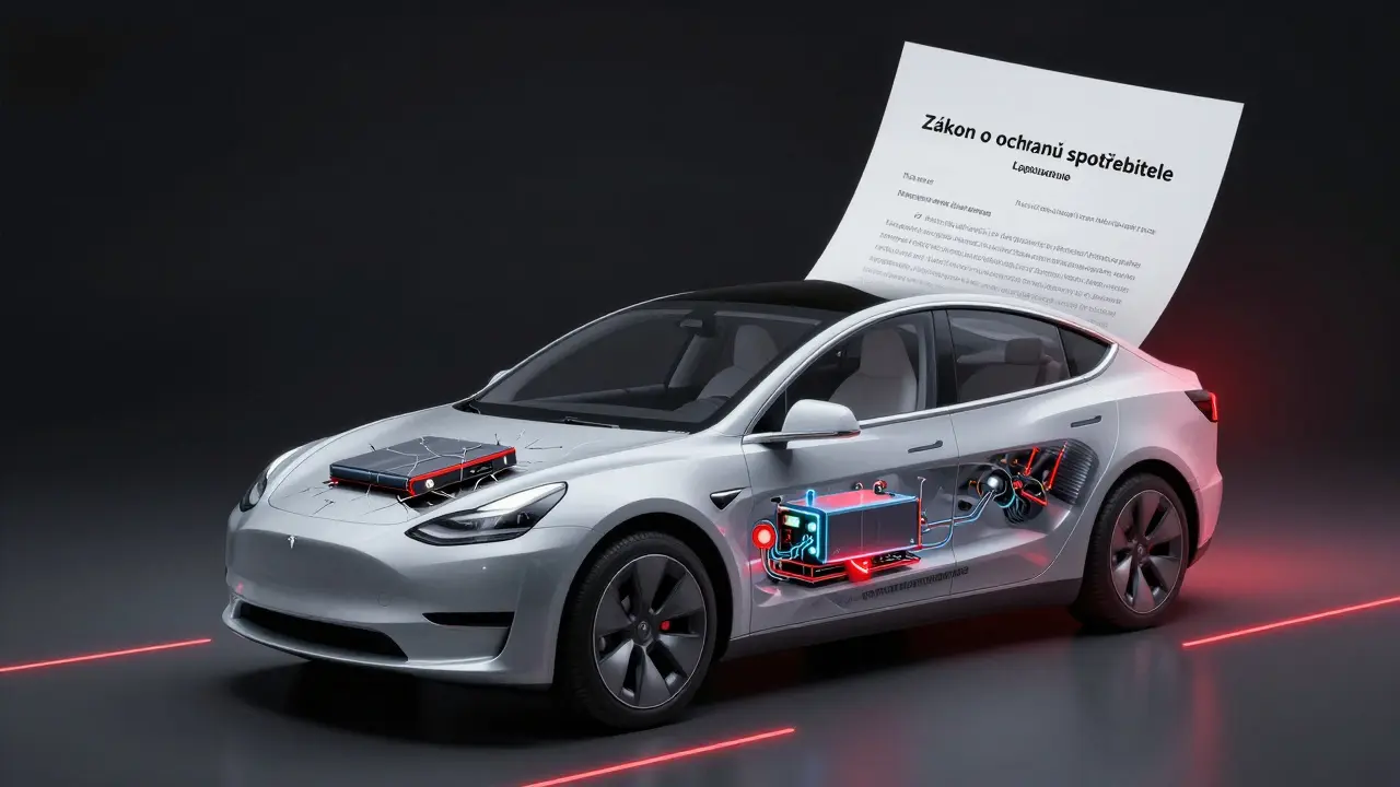 Průhledná Tesla s viditelnými technickými vadami uvnitř, nad ní právní dokument.