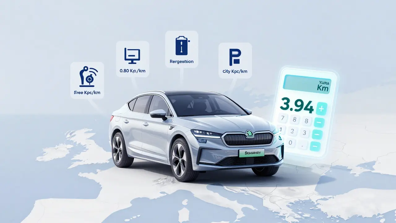 Průhledný elektromobil Škoda Enyaq s ikonami nákladů a kalkulačkou ukazující náklady na kilometr nad mapou Česka.