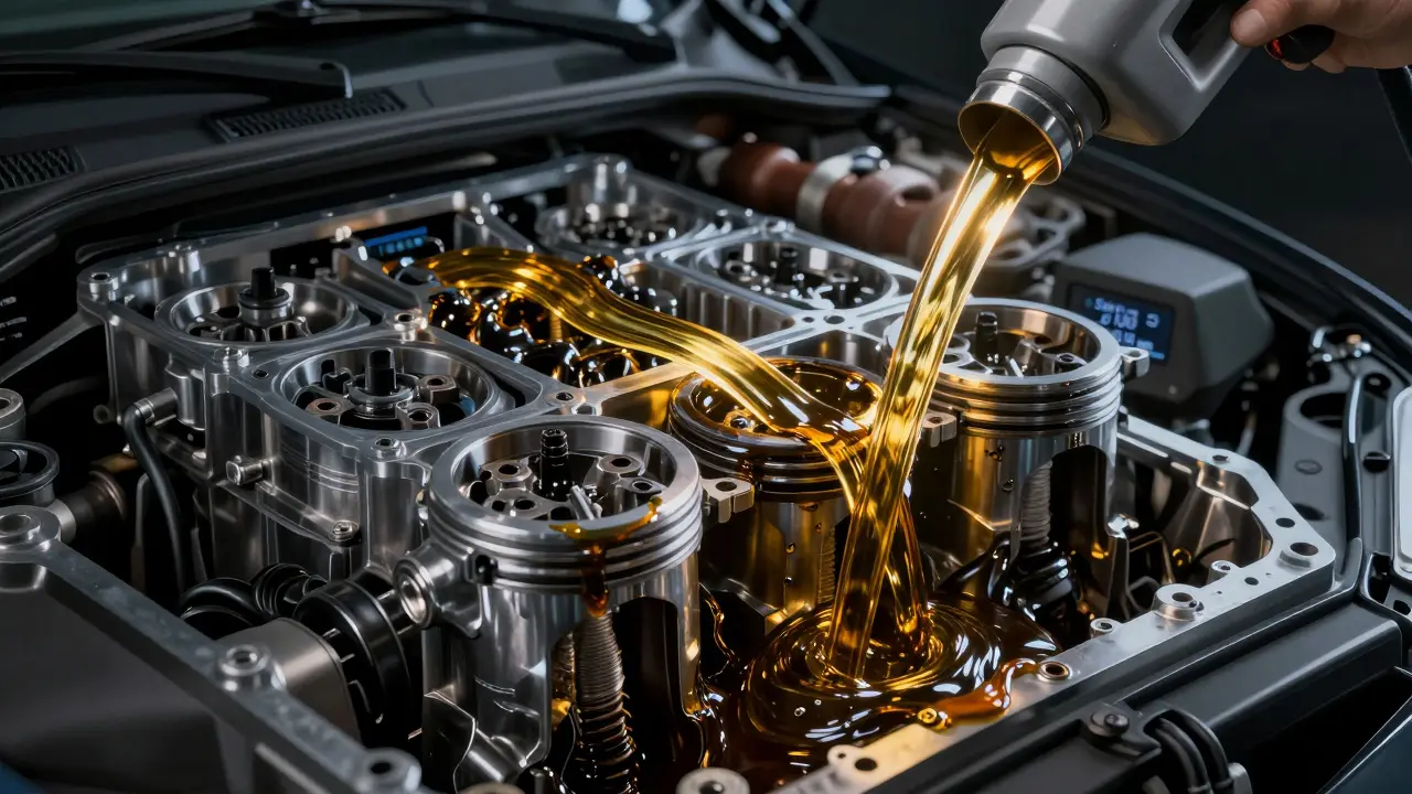 Průhledný motor s černým starým olejem a čistým novým olejem, symbolizující rozdíl mezi zanedbáním a péčí.